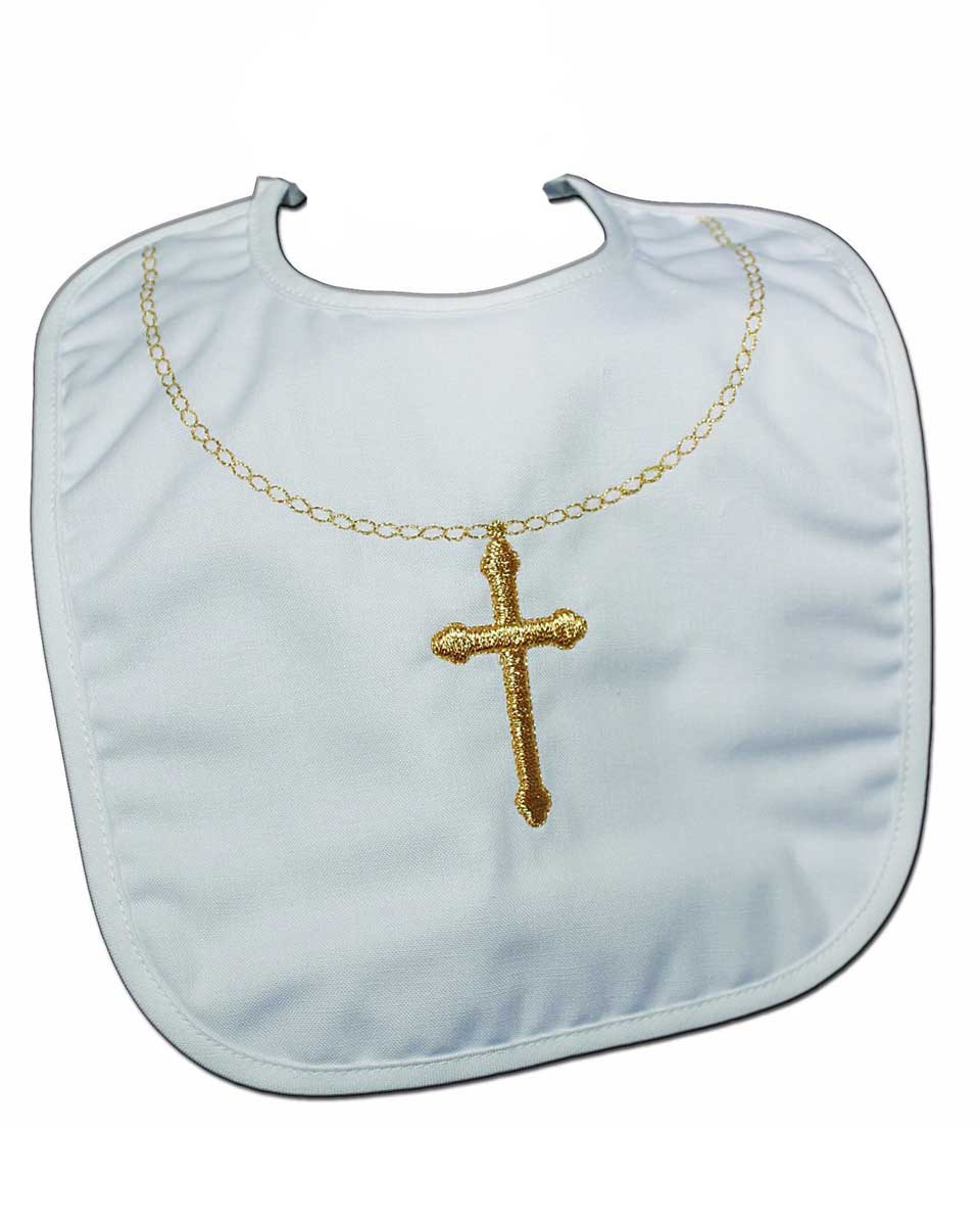 Cotton Christening Bib with Fancy Embroidered Gold Cross & Chain