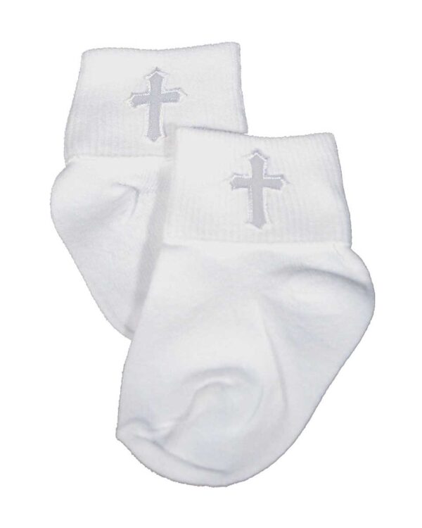 Unisex White Cotton Anklet Socks with Embroidered Cross