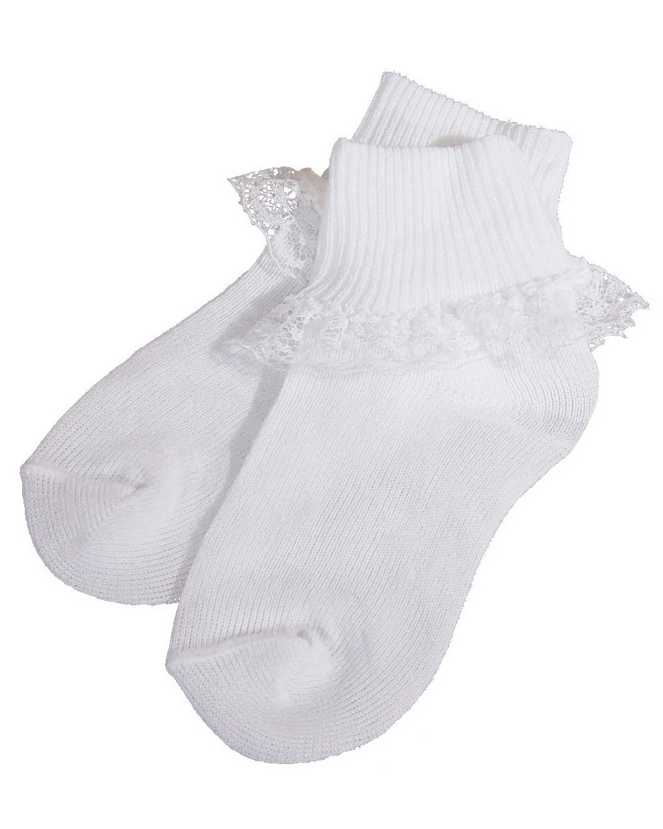 Girls White Cotton or Nylon Anklet Socks with Lace