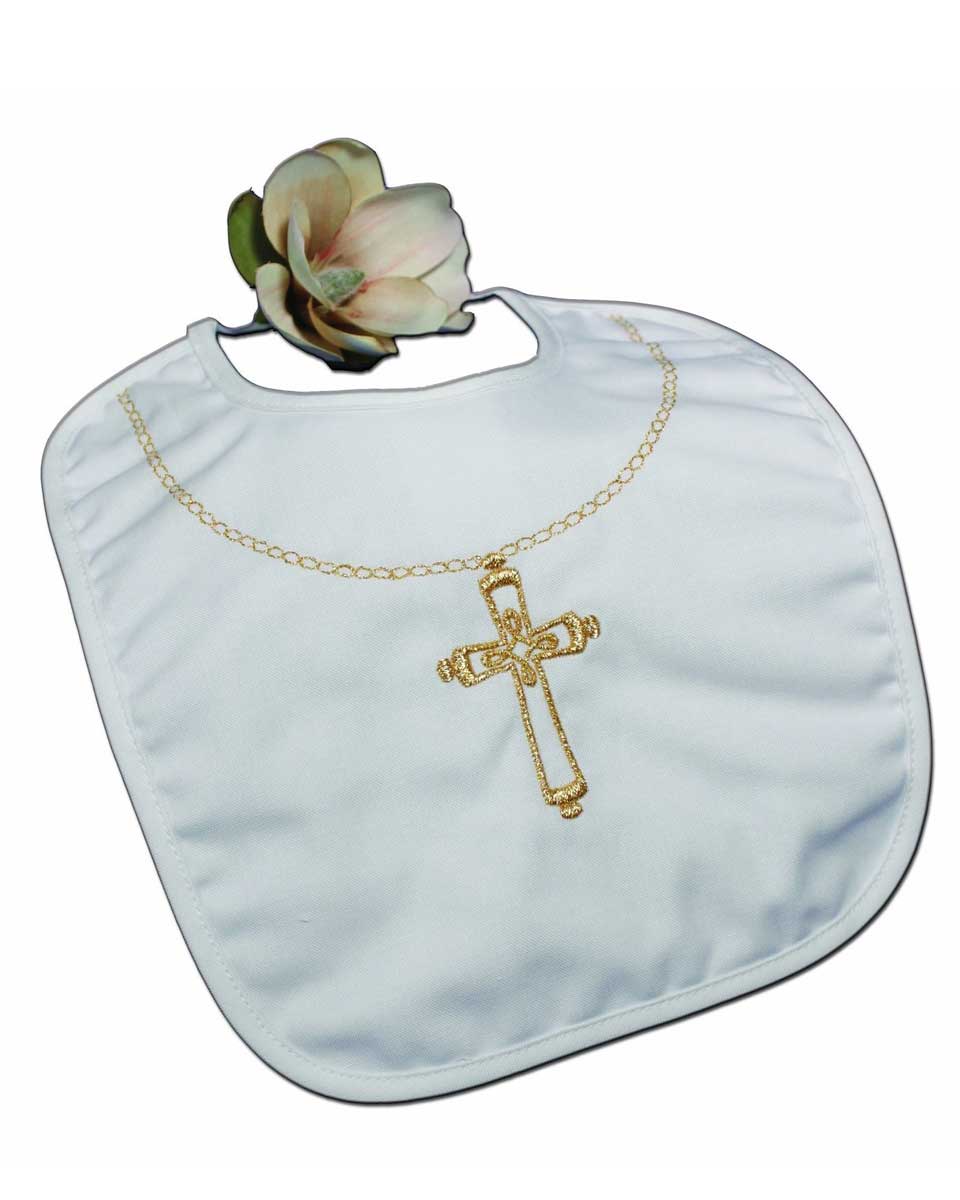 Cotton Christening Bib with Fancy Embroidered Gold Chain and Ornate Cross
