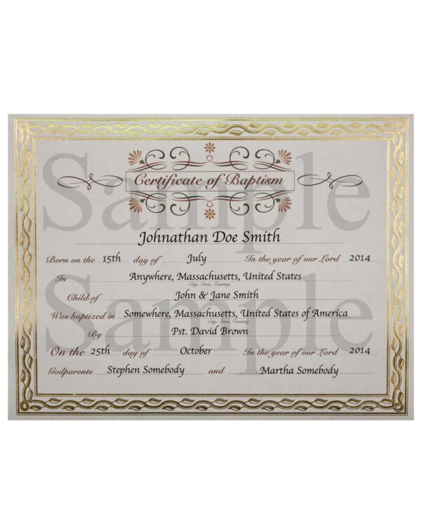 Customized Baptism Certificate with Gold Foil Leafing Border