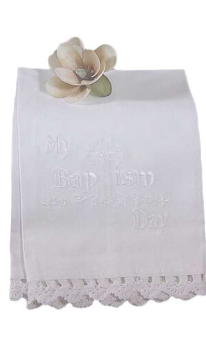 100% White Cotton Christening Towel Baptism Towel with Lace