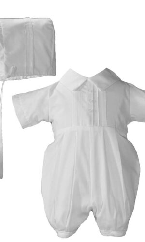 Boys Polycotton Christening Baptism Romper with Pin Tucking and Hat