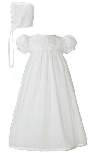 Girls White Polycotton Christening Baptism Gown with Lace Trim & Bonnet