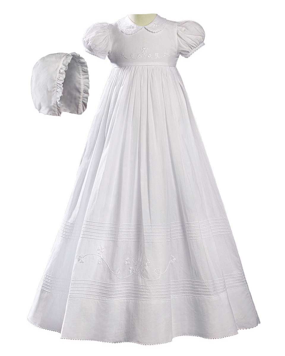 Girls 32? White Cotton Short Sleeve Christening Baptism Gown with Floral Shamrock Embroidery