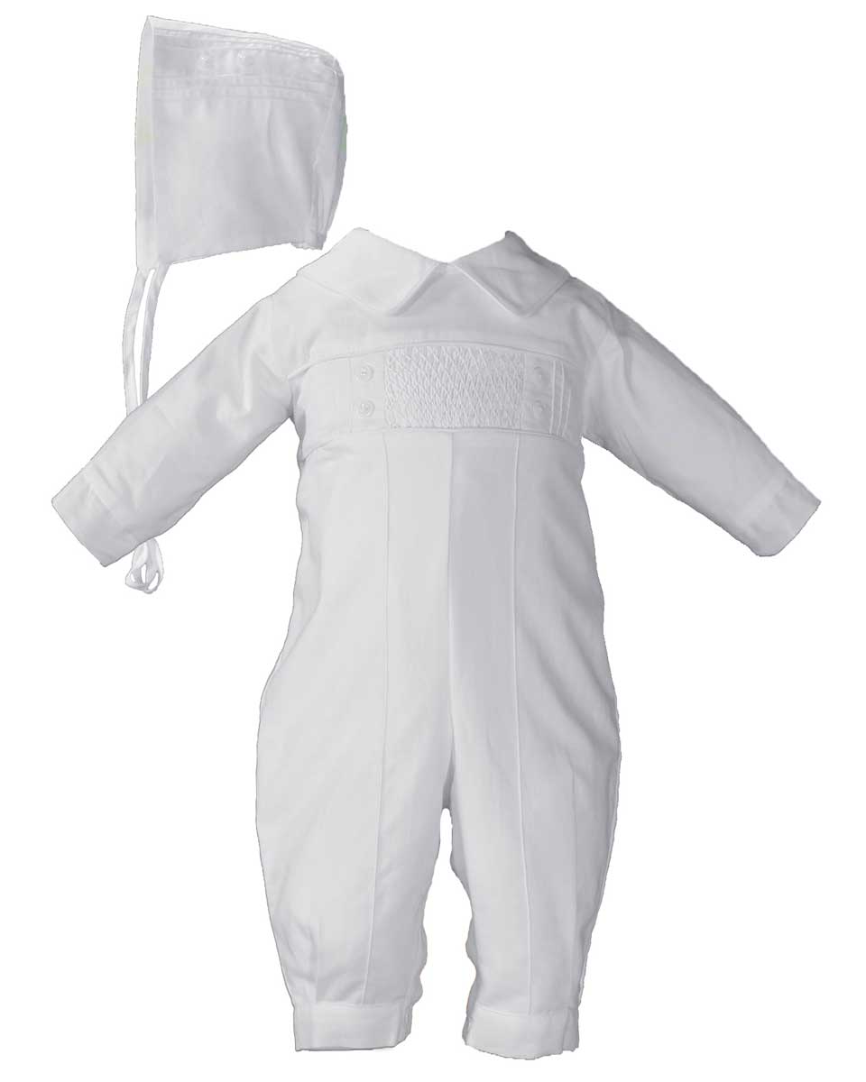 Boys Long Sleeve Cotton Hand Smocked Pin Tucked Christening Baptism Coverall