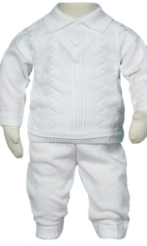Boys 100% Cotton Knit Two Piece White Christening Baptism Outfit