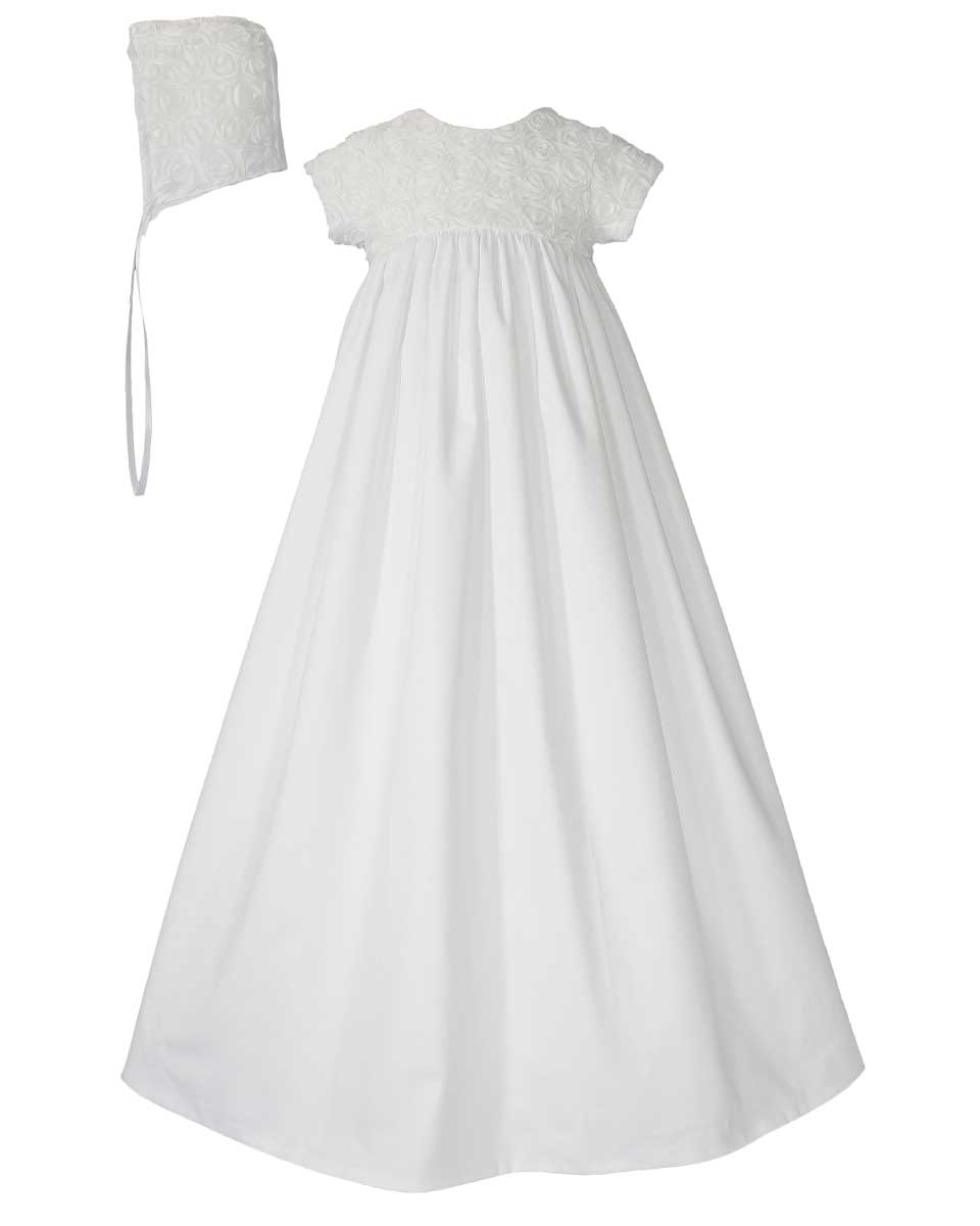 Girls 32? Cotton Sateen Christening Gown with Rosette Covered Bodice