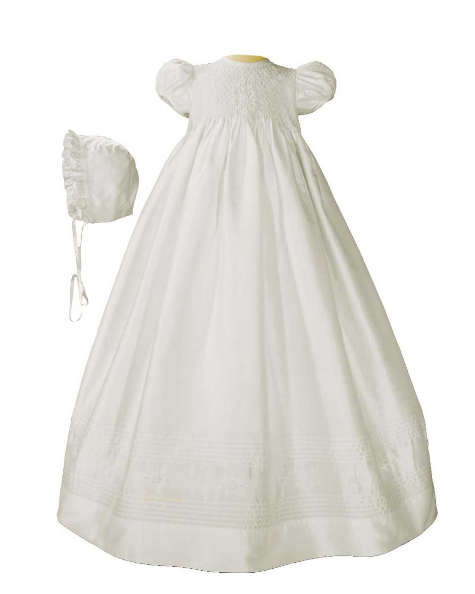 Girls 32? White Silk Christening Baptism Gown with Smocked Bodice