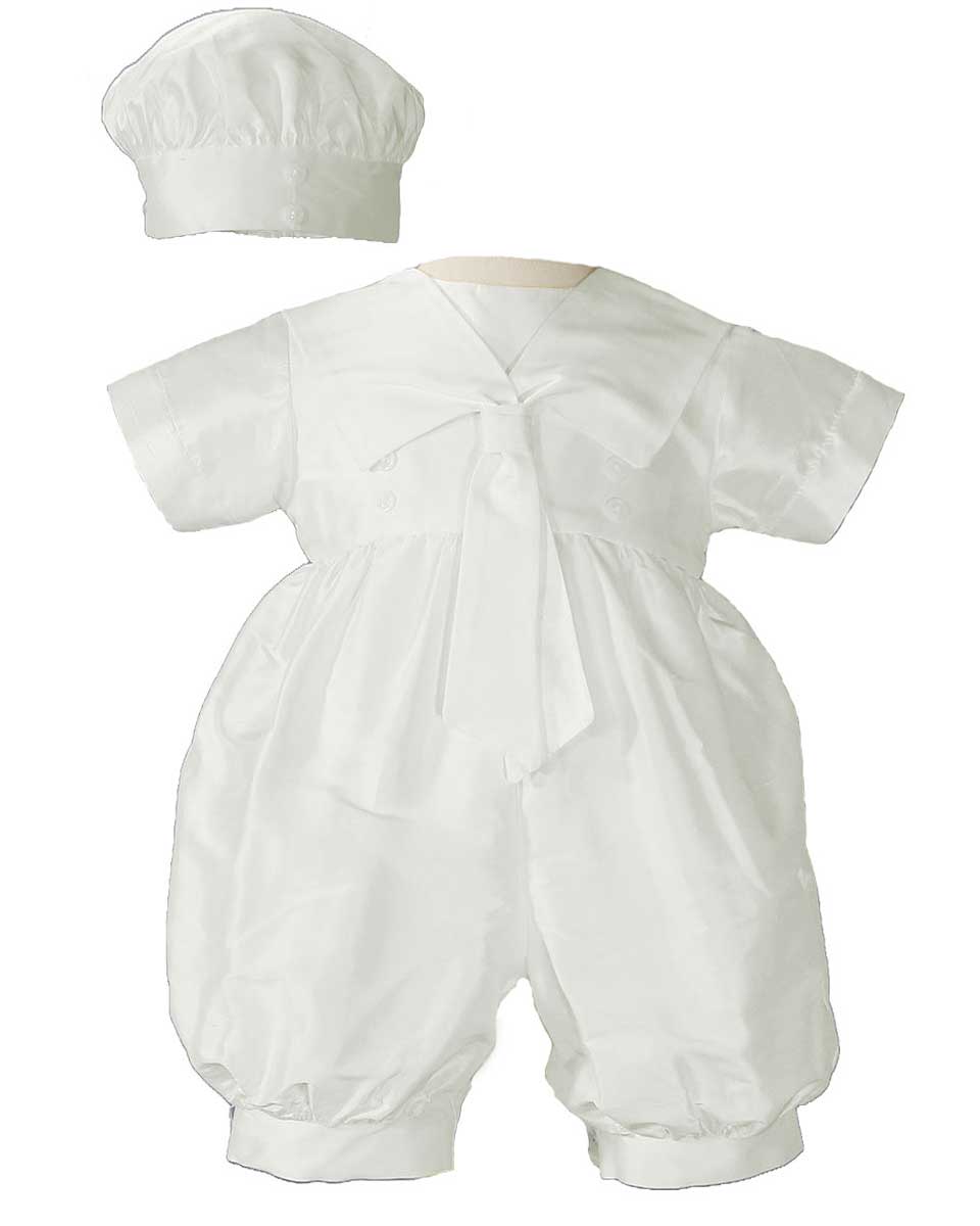 Boys Silk Christening Baptism One Piece Romper with Sailor Collar and Hat