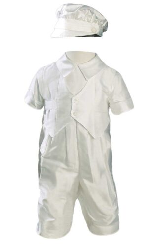 Boys Silk Dupioni Vested Christening Baptism Coverall with Hat