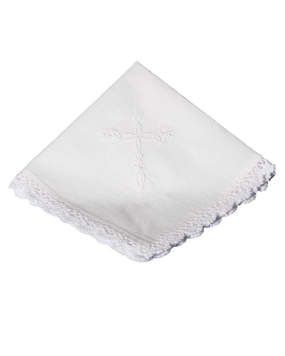 Cotton Christening Hankie Handkerchief Heirloom with Embroidered Cross