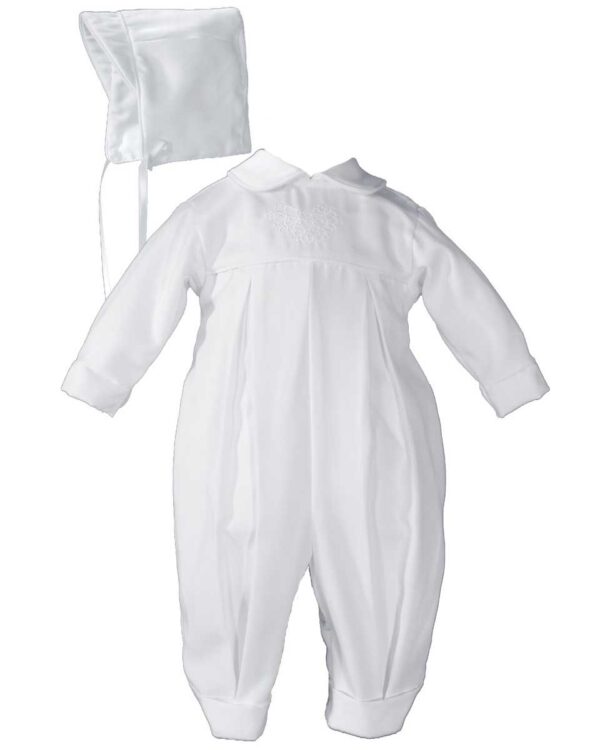 Boys Pleated Christening Baptism Coverall with Embroidered Shamrock Cluster and Hat