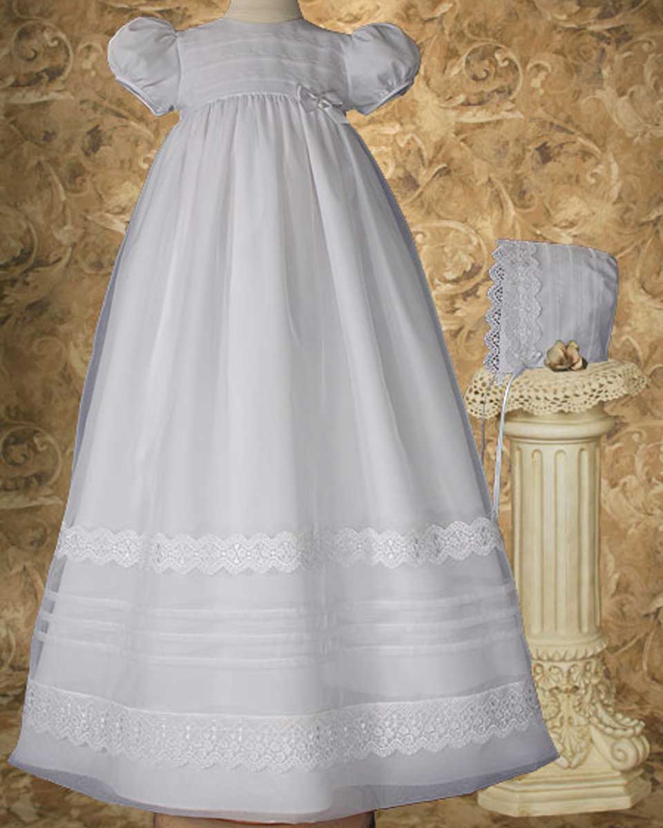 Girls 34? Poly Cotton Organza Christening Gown with French Lace and Pin Tucking