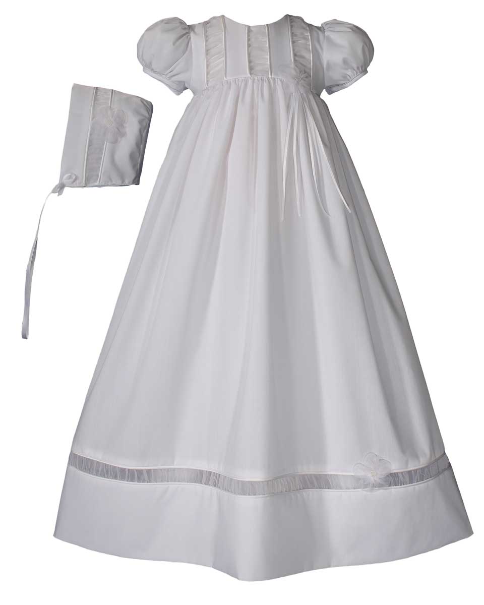 Girls 30? Poly Cotton Christening Gown with Organza Ruching Accents and Bonnet