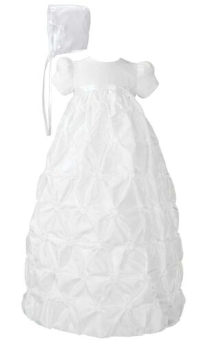 Girls White Polyester Taffeta Christening Baptism Gown with Rosettes and a Bonnet