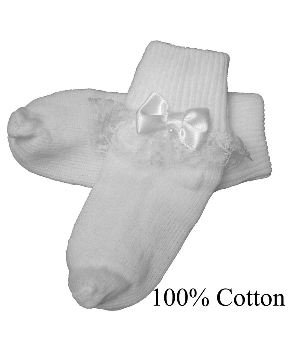 Girls Cotton or Nylon Special Occasion Anklet Socks with Lace and Pearl Bow