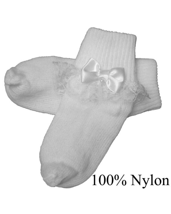 Girls Cotton or Nylon Special Occasion Anklet Socks with Lace and Pearl Bow