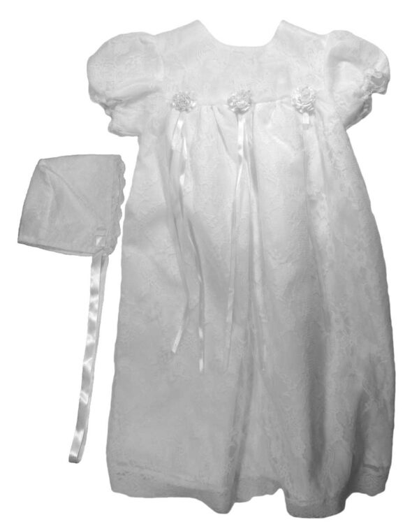 Girls’ White All-Over Lace Christening Gown with Bonnet