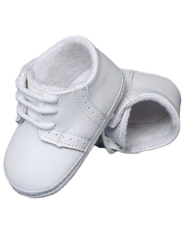 Baby Boys All White Genuine Leather Saddle Oxford Crib Shoe with Perforations