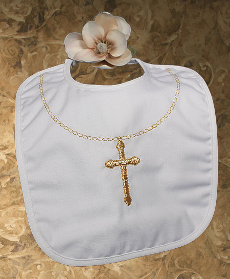 Cotton Christening Bib with Fancy Embroidered Gold Cross & Chain - Large 7.5" x 9"
