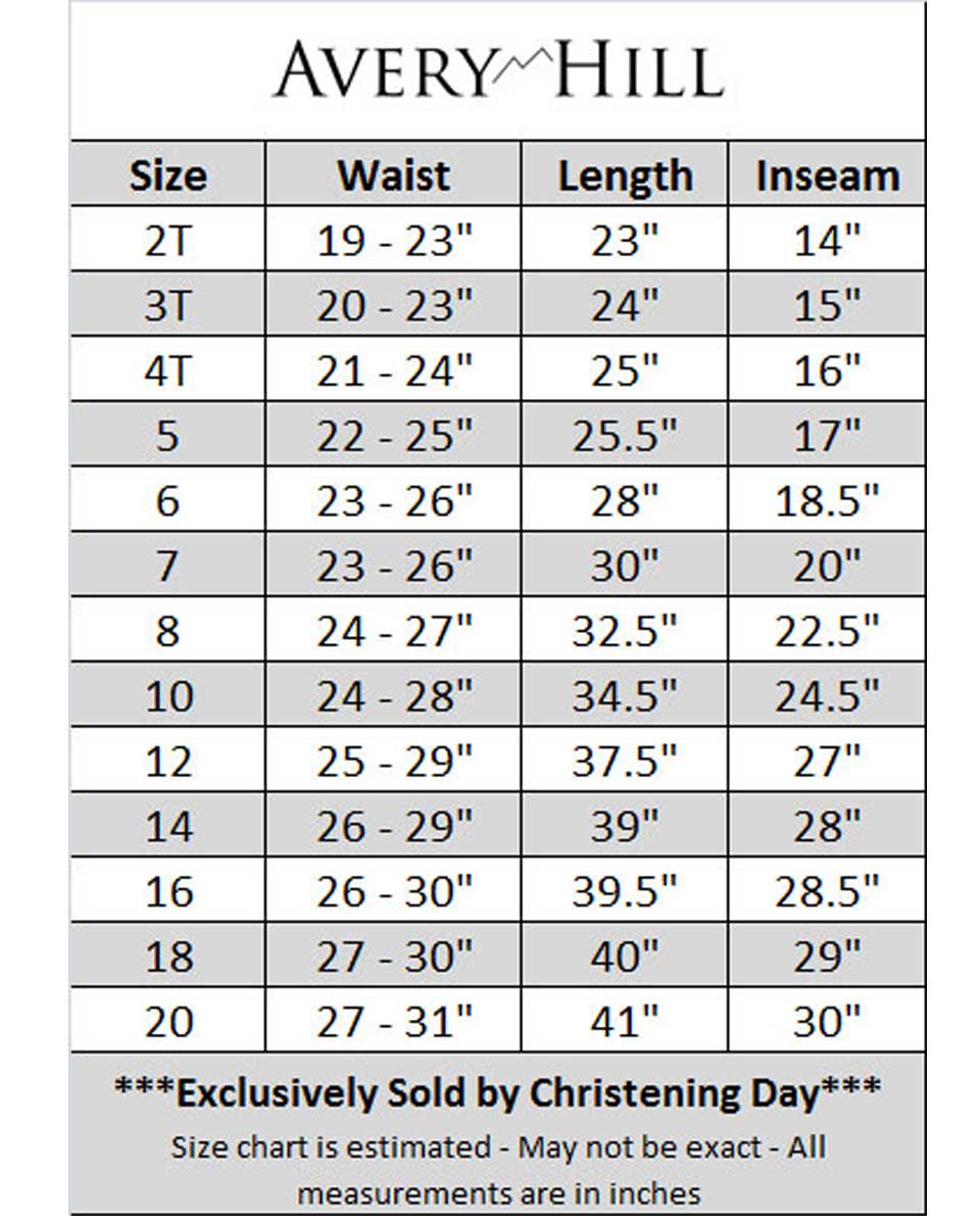 Avery Hill Boys Flat Front Dress Pants with Belt Size Chart Image