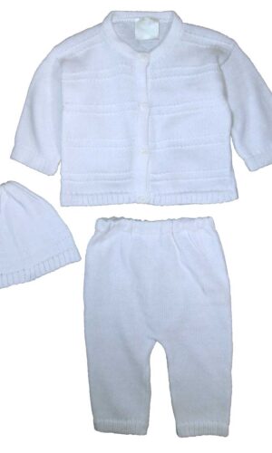 100% Cotton Knit White Boys Infant 3 Piece Button Up Sweater and Pants with Cap Gift Set