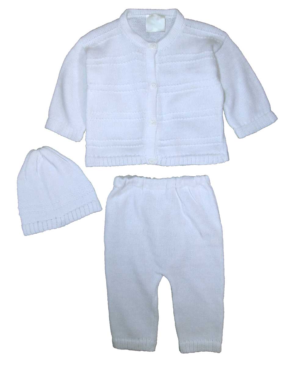 100% Cotton Knit White Boys Infant 3 Piece Button Up Sweater and Pants with Cap Gift Set