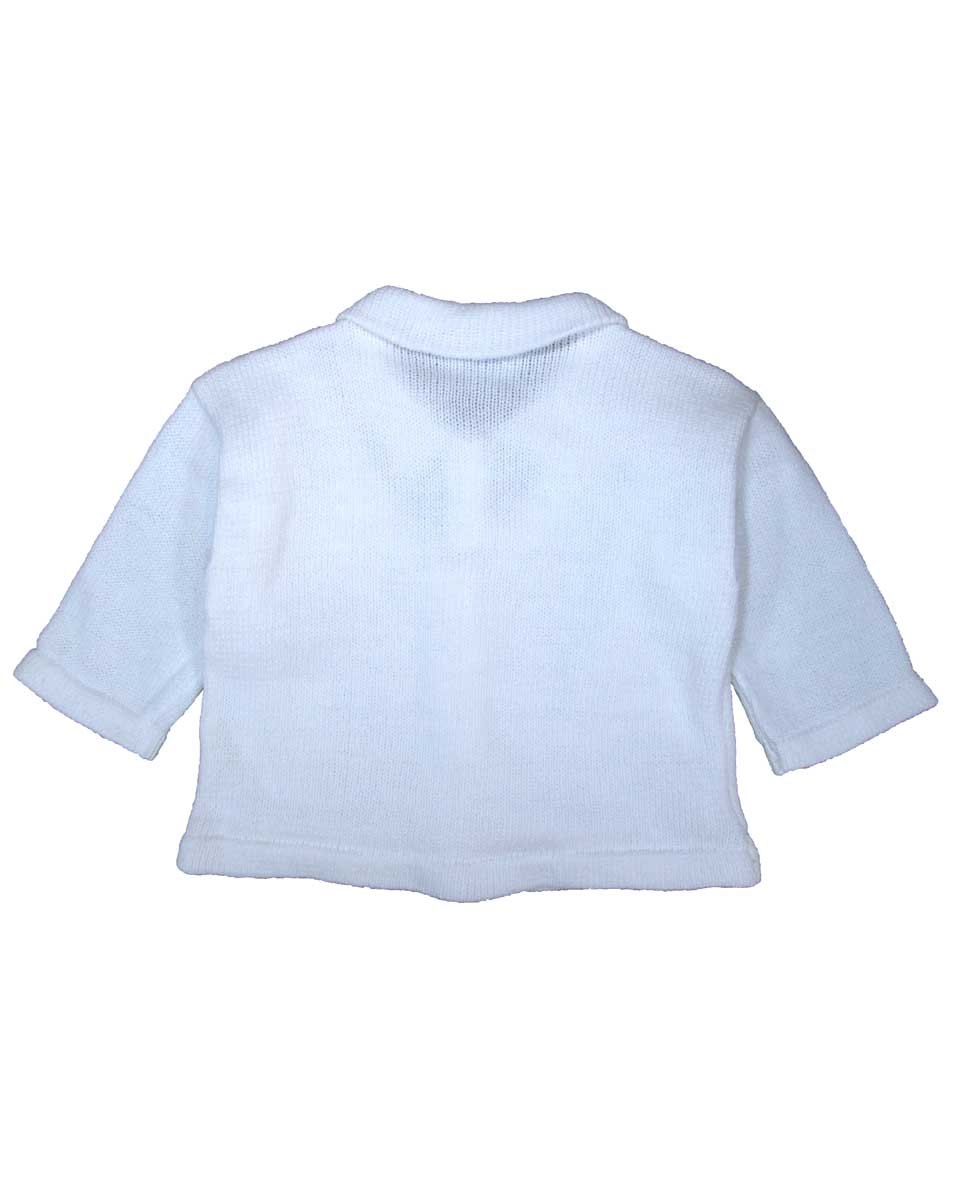 100% Cotton Knit White Boys Infant 3 Piece Collared V-Neck Button Up Look Sweater and Pants with Cap Gift Set