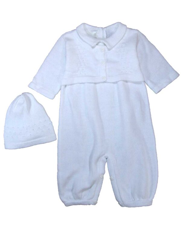 100% Cotton Knit White Boys Infant 2 Piece Long Sleeve Collared Romper with Cap Gift Set
