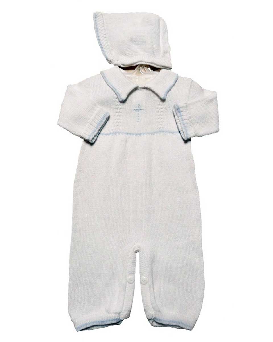 Boy’s White Cotton Knit Christening Baptism Longall w/ White, Blue, or Gold Cross and Hat