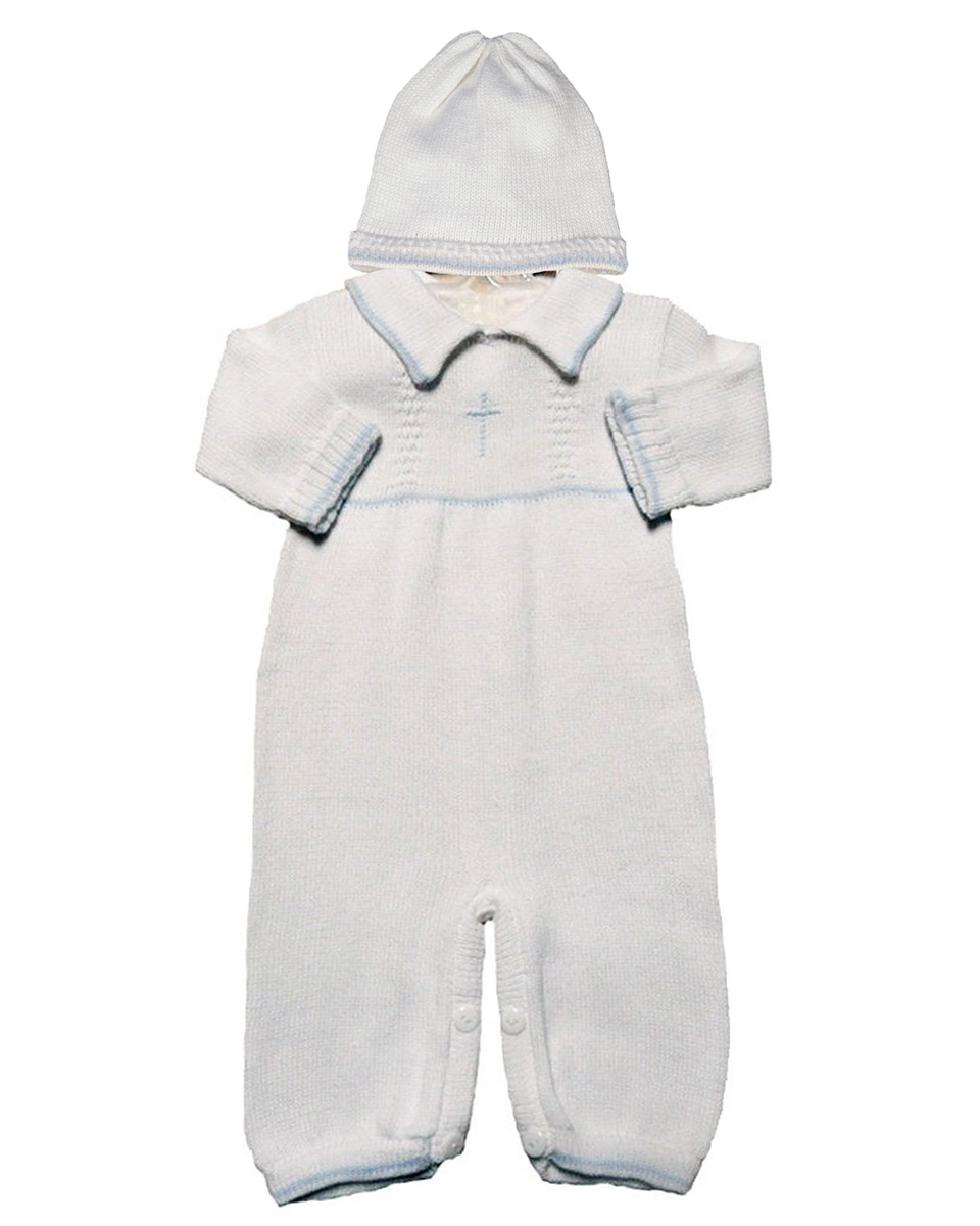 Boy’s White Cotton Knit Christening Baptism Longall w/ White, Blue, or Gold Cross and Hat