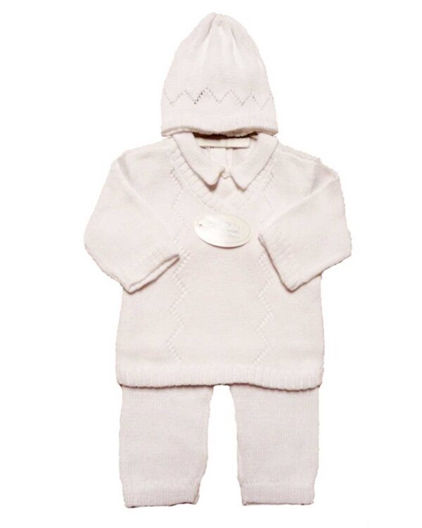 Boy’s White 3 Piece Long Sleeved Cotton Knit Sweater Outfit