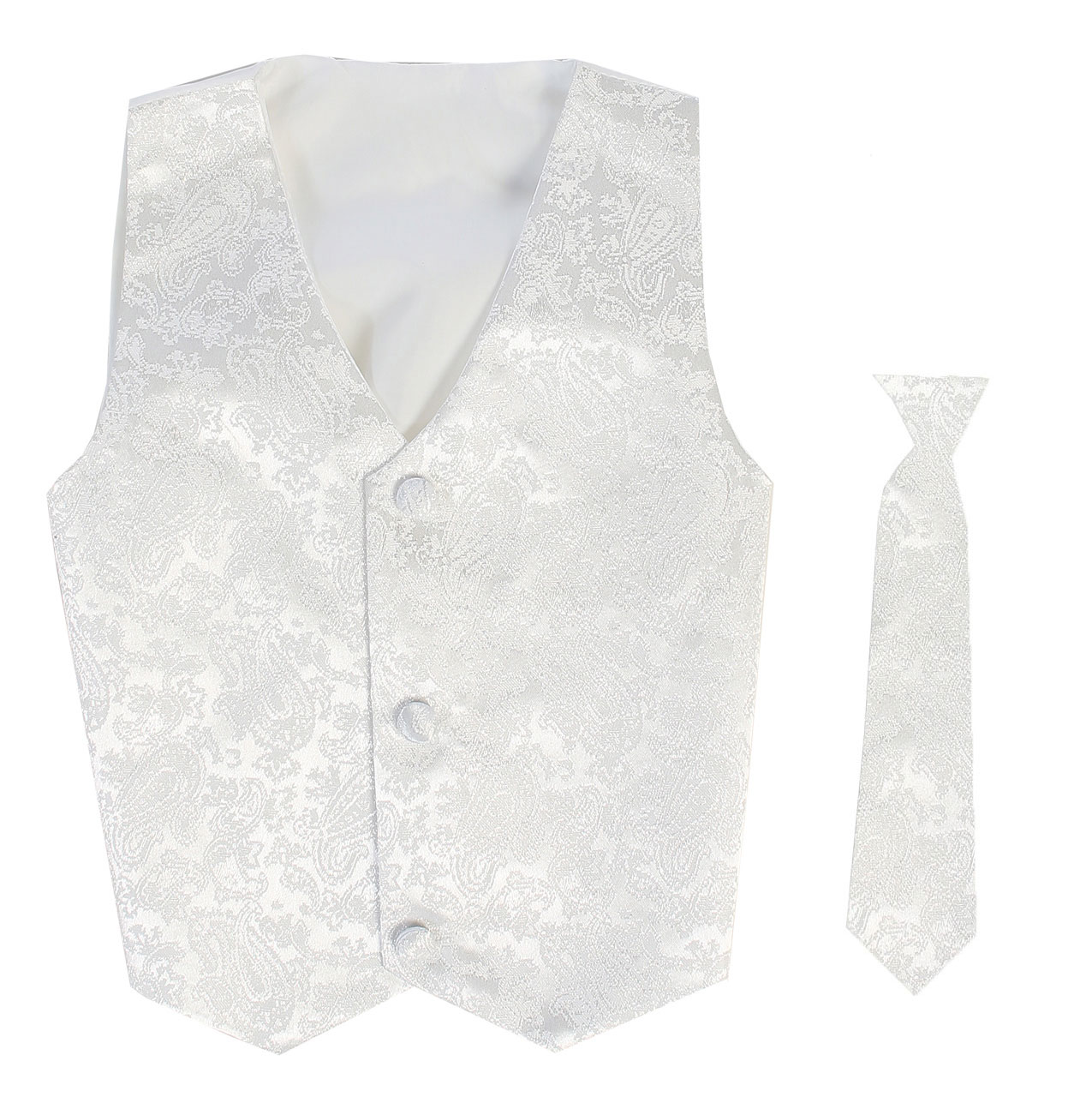 Vest and Clip On Boy Necktie set - White Paisley - 2T/3T