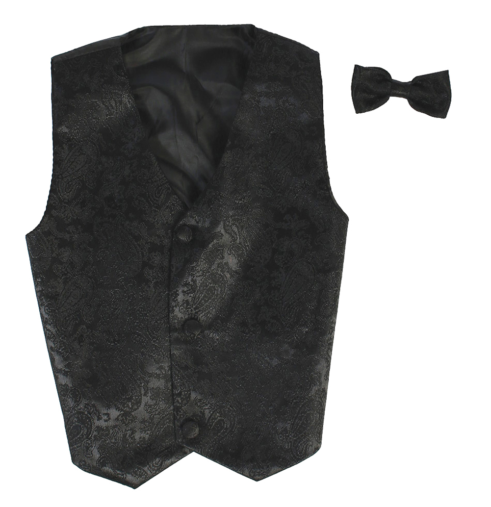 Vest and Clip On Bowtie Set - Black Paisley - L/XL