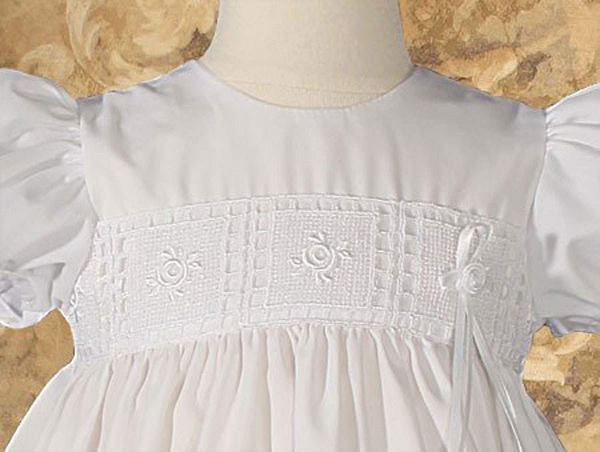Girls 24" Poly Cotton Christening Baptism Gown with Rose Lace and Bonnet