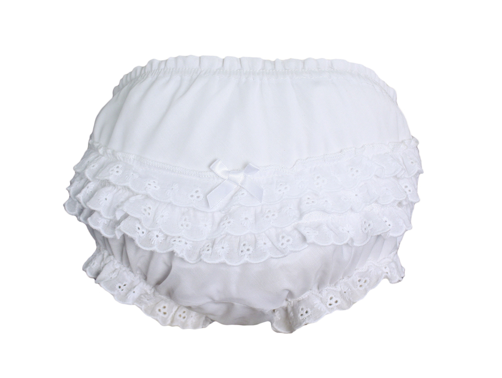 Baby Girls White Elastic Bloomer Diaper Cover with Embroidered Eyelet Edging