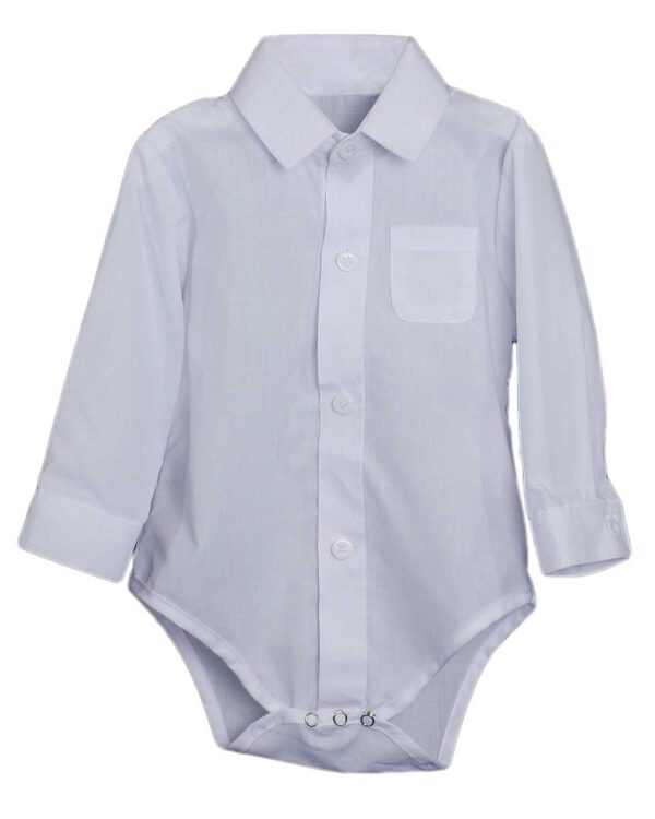 Baby Boys Poly Cotton Button Up White Dress Shirt Bodysuit Romper with Collar