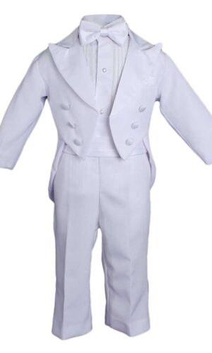 Baby Boys Formal White Poly Cotton 5 Piece Classic Tux Set with Tail