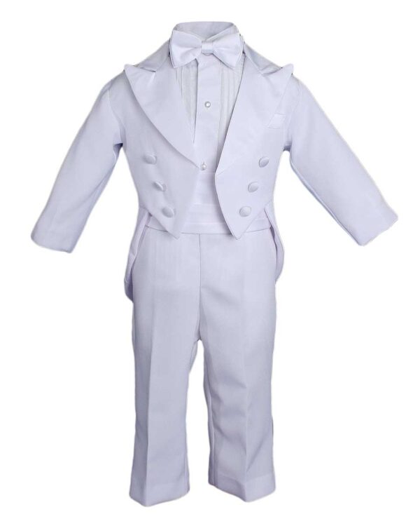 Baby Boys Formal White Poly Cotton 5 Piece Classic Tux Set with Tail