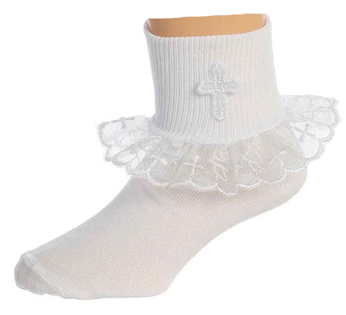 Girls White Baptism First Communion or Christening Socks with Cross 9-11