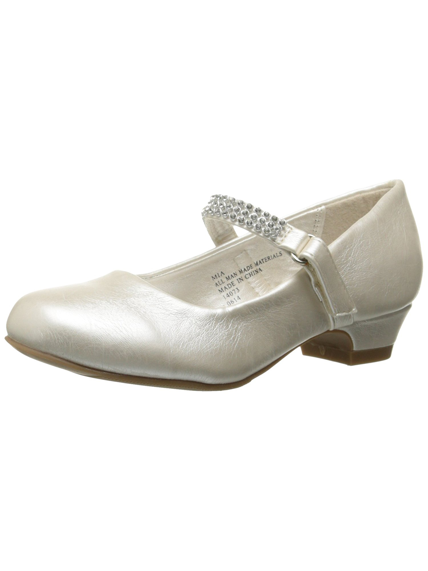 Girls Low Heel Dress Shoe With Rhinestone Strap (9, White)
