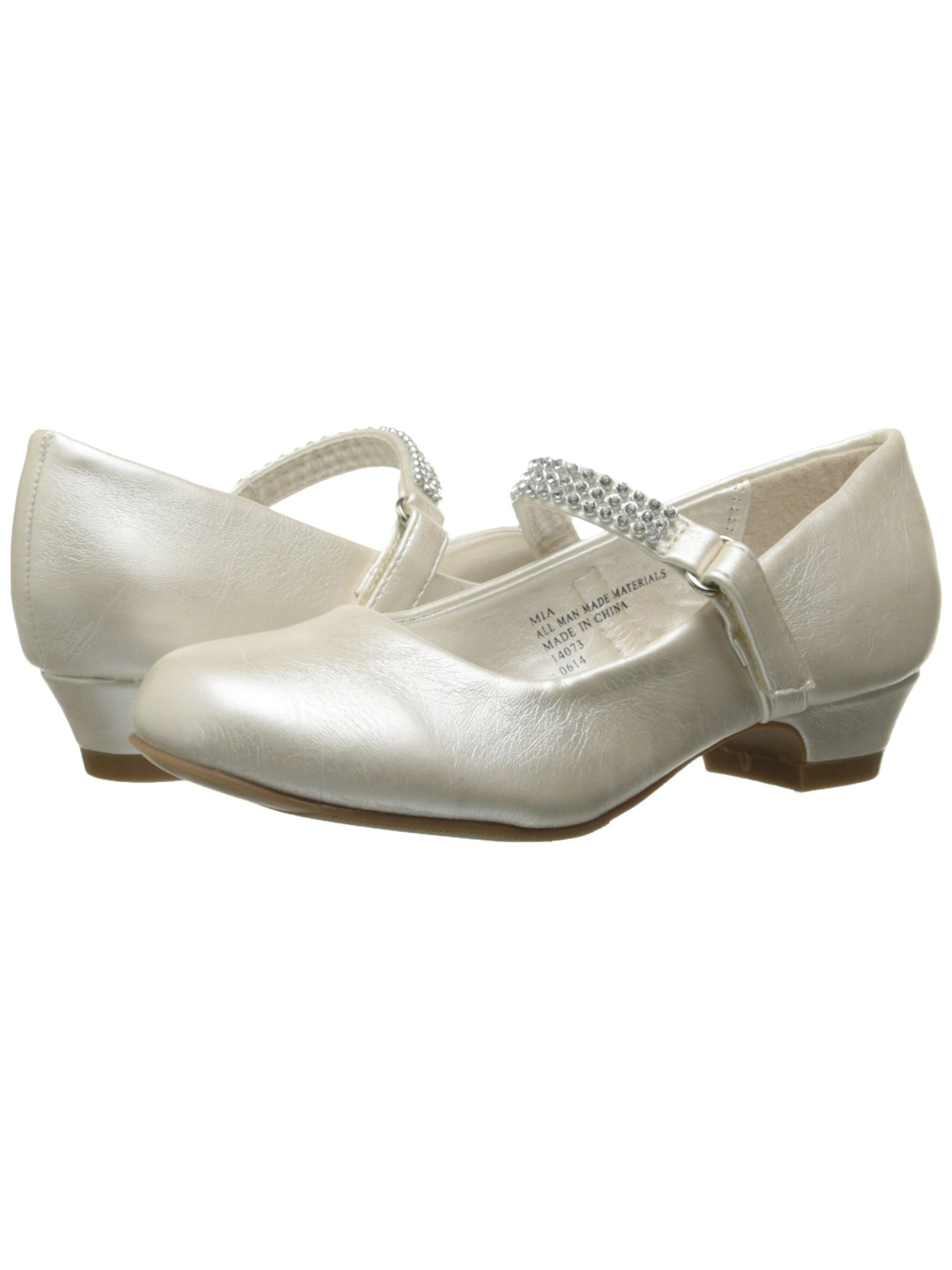 Girls Low Heel Dress Shoe With Rhinestone Strap (5, White)