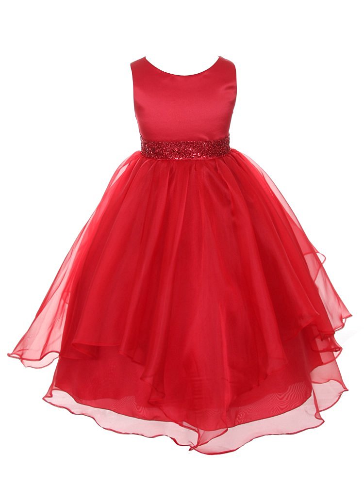 Chic Baby Girls Asymmetric Ruffles Satin/Organza Flower Girl Dress-Red-4