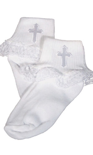 Girls White Anklet Socks with Embroidered Cross Applique and Lace