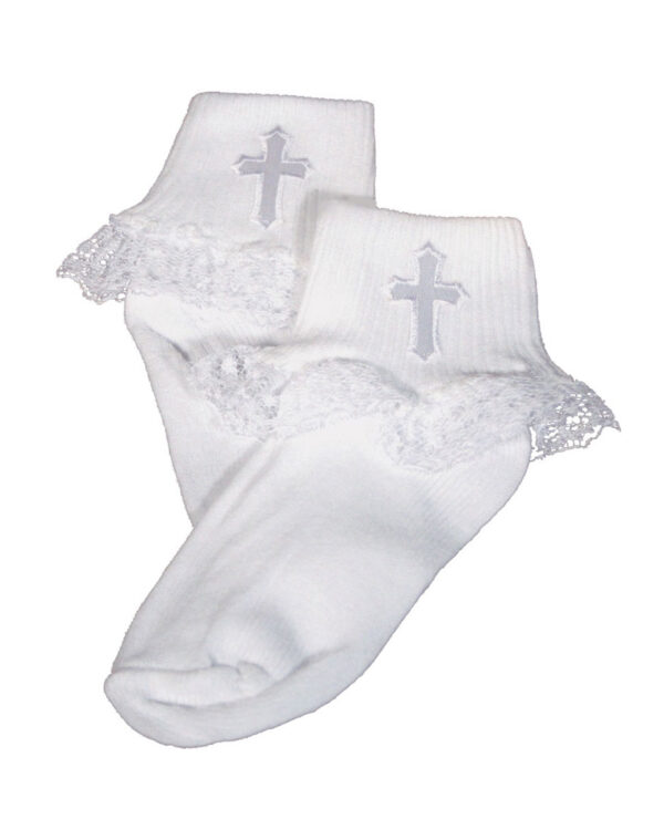 Girls White Anklet Socks with Embroidered Cross Applique and Lace