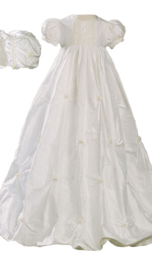 Girls 33? Silk Bubble Christening Baptism Gown with Natural Venise Lace and Rosettes