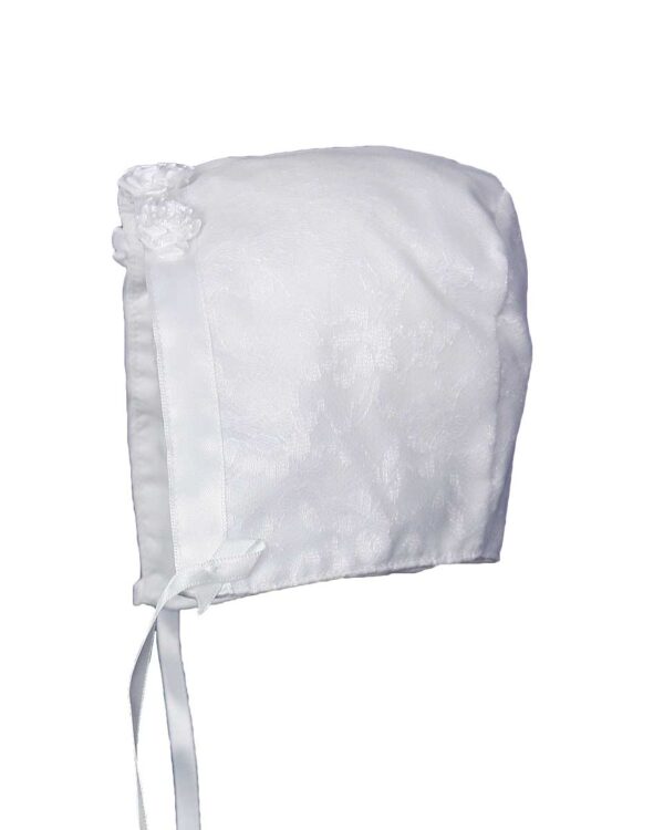 Baby Girls White Poly-Cotton Christening Baptism Hat with Lace Overlay and Flower Accents