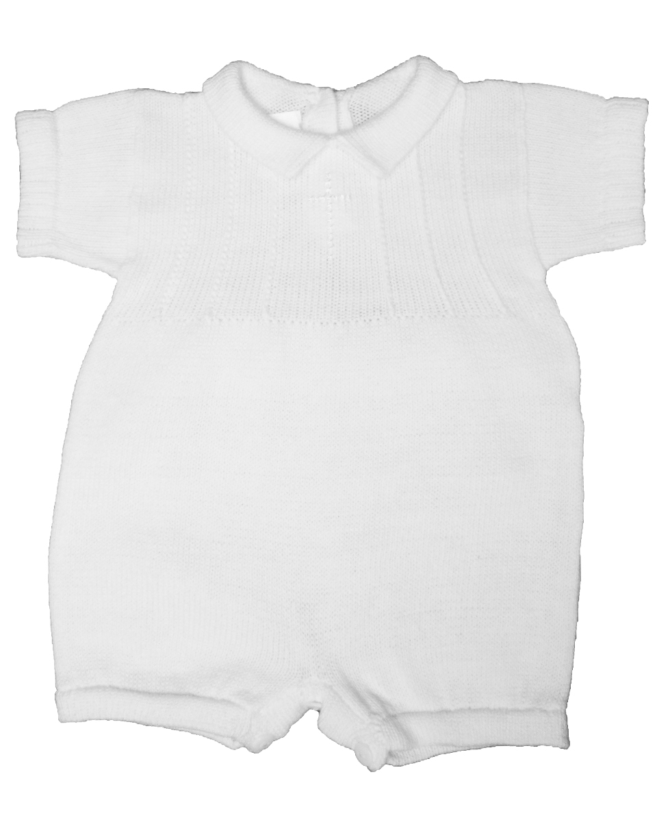 Boy’s White Cotton Knit Short Sleeve Romper with Embroidered Subtle Cross