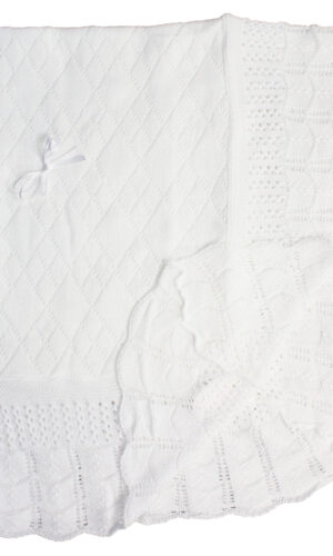 BT-R1024 Hand Crochet White Cotton Shawl Blanket with Diamond Pattern and Ribbon Bow